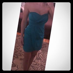 Teal strapless sweetheart neckline mini dress